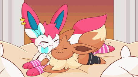 bed blush clothed clothed_feral clothing cuddling duo eyes_closed feral freckles fur furniture hair happy head_rub hug legwear lying male male/male nuzzling on_bed on_front pillow relationship rubbing rubbing_head smile stockings tail white_body usv02 nintendo pokemon eti_(utopianvee) smoothie_(sylveon) eevee eeveelution generation_1_pokemon generation_6_pokemon mammal pokemon_(species) sylveon 16:9 3d_(artwork) 3d_animation animated digital_media_(artwork) widescreen