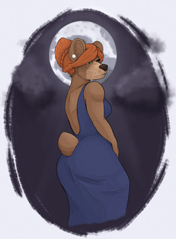 anthro big_butt big_nose biped blue_clothing blue_dress breasts butt clothed clothing cloud dark_nose dress ear_piercing eyelashes female freckled_face freckles green_eyes hair hair_down inner_ear_fluff moon nub_tail orange_hair piercing round_ears side_view snout solo split_dress tied_hair tuft katahdin kat_(katahdin) bear mammal digital_media_(artwork) hi_res portrait three-quarter_portrait