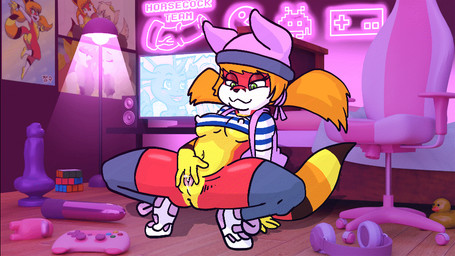 3d_background accessory amogus animal_dildo animal_sex_toy anthro bed bedroom blue_clothing blue_crop_top blue_shirt blue_topwear bodily_fluids breasts brown_nose brown_tail butt canine_dildo chair clothing controller crop_top crouching dildo electronics female fingering fingering_self footwear fur furniture furniture_lamp game_controller genital_fluids green_eyes grey_clothing grey_hat grey_headwear grey_legwear grey_thigh_highs hair hair_accessory hairband half-closed_eyes hat headgear headphones headwear inside legwear looking_at_self looking_pleasured masturbation monitor multicolored_body multicolored_clothing multicolored_crop_top multicolored_footwear multicolored_fur multicolored_shirt multicolored_shoes multicolored_tail multicolored_topwear narrowed_eyes neon_lights nipple_outline orange_body orange_fur orange_hair orange_tail pillow pink_clothing pink_footwear pink_hairband pink_hat pink_headwear pink_shoes pink_sneakers poster red_body red_fur red_tail rubber_duck screen sex_toy shirt shoes smile sneakers solo tail text thigh_highs three-quarter_view topwear two_tone_clothing two_tone_crop_top two_tone_footwear two_tone_hat two_tone_shirt two_tone_shoes two_tone_sneakers two_tone_topwear vaginal vaginal_fingering vaginal_fluids vaginal_masturbation vibrator white_body white_clothing white_crop_top white_fur white_topwear yellow_body yellow_fur yellow_tail charliepops epilepsy_warning among_us bandai_namco innersloth pac-man_(series) rubik's_cube fulvia canid canine canis fox mammal 16:9 2026 2d_animation 3d_(artwork) animated digital_media_(artwork) english_text frame_by_frame loop mixed_media widescreen