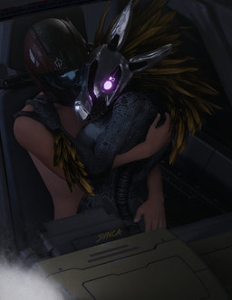 3_fingers anthro arm_feathers arm_tuft armor breasts dark face_covered faceless_character faceless_human faceless_male feather_hair feathered_crest feathers female female_anthro fingers glowing glowing_eyes grey_body hand_on_back hand_on_butt hand_on_shoulder head_crest headgear headgear_only helmet helmet_only hug human_on_anthro in_vehicle interspecies light_body light_skin male male/female male_human mostly_nude non-mammal_breasts odst on_lap pink_eyes pseudo_hair side_boob sitting straddling tuft warthog_vehicle_(halo) xenophilia yellow_body yellow_feathers synca pickle_juice_(modeler) halo_(series) microsoft xbox_game_studios syn_cah alien avian human kig-yar mammal scalie t'vaoan 3d_(artwork) colored digital_media_(artwork)