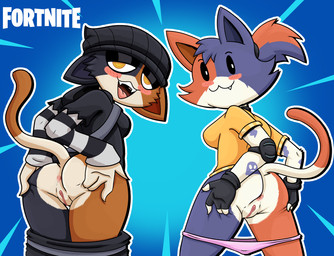 anthro anus blush bottomless butt clothed clothing duo female genitals looking_back presenting presenting_anus presenting_hindquarters presenting_vulva spread_butt spreading vulva weirdkoaladream epic_games fortnite cate_meowdy meow_skulls calico_cat domestic_cat felid feline felis mammal 2025 hi_res