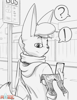 anthro backpack building bus_stop cellphone clothed clothing duo electronics exclamation_point fence first_person_view fur giving_money hair holding_cellphone holding_money holding_object holding_phone hoodie looking_at_object looking_back male money outside phone question_mark smile speech_bubble standing tail text topwear wood wood_fence young young_anthro young_male reyn_goldfur nintendo pokemon fan_character pascal_(reyn_goldfur) eevee generation_1_pokemon pokemon_(species) shiny_pokemon 2026 artist_name digital_media_(artwork) hi_res monochrome