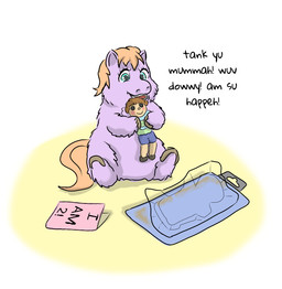 baby_talk birthday blonde_hair blue_eyes dialogue doll eyelashes featureless_crotch female female_feral feral fur hair happy holding_doll holding_object hooves open_mouth package purple_body purple_fur simple_background sitting solo tail teeth text yellow_tail young young_female young_feral carpdime fluffy_pony fluffy_pony_(species) mammal digital_media_(artwork) english_text shaded