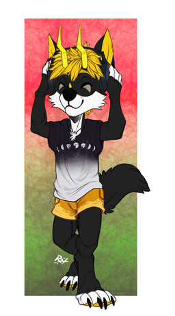 anthro black_body black_clothing black_fur black_tail black_topwear blonde_hair bottomwear cheek_tuft chibi closed_smile clothed clothing electronics eyes_closed facial_tuft front_view fur hair headphones horn male mouth_closed orange_bottomwear orange_clothing orange_shorts pawpads shorts simple_background smile solo standing tail topwear tuft white_body white_clothing white_fur white_topwear yellow_bottomwear yellow_clothing yellow_horn yellow_pawpads yellow_shorts riorix canid mammal 2017 dated full-length_portrait hi_res portrait signature