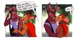 2_panel_comic accessory anthro antlers arm_tattoo border brown_body brown_fur choker clothing dialogue duo ear_piercing eyes_closed fur half-closed_eyes horn humor jewelry kissing lgbt_pride male male/male muscle_tone muscular muscular_anthro muscular_male narrowed_eyes necklace open_mouth open_smile piercing pride_color_accessory pride_color_piercing pride_colors shirt smile speech_bubble tank_top tattoo text topwear transgender_pride_colors vest white_border heresvix bambi_(film) disney bambi ronno deer mammal mule_deer new_world_deer english_text