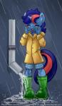 anthro blush boots bottomwear clothing coat drain_pipe eyes_closed female footwear hair multicolored_hair open_mouth open_smile raincoat raining shoes shorts simple_background smile soaked solo standing text topwear two_tone_hair wet smudge_proof hasbro my_little_pony fan_character ryo_(disambiguation) 2018 hi_res sketch url