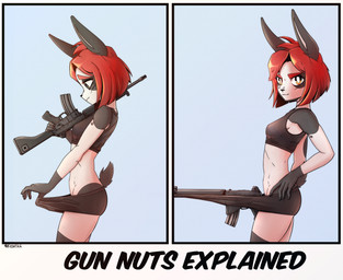 anthro assault_rifle bra breasts clothing female gun gun_between_legs hair humor in_panties looking_at_viewer object_in_underwear pun ranged_weapon red_hair rifle scut_tail sexual_humor short_tail slim small_breasts solo tail underwear visual_pun weapon kosatich elisa_(kosatich) lagomorph leporid mammal rabbit hi_res