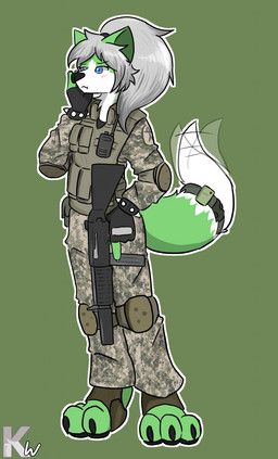 3_toes accessory anthro assault_rifle barefoot biped black_nose black_pawpads blue_eyes blush bracelet bulletproof_vest camo claws clothing digital_camo dipstick_tail elbow_pads electronics feet female fingerless_gloves fur furgonomics gloves green_background green_body green_fur grey_hair gun hair hand_to_face handwear holding_gun holding_object holding_ranged_weapon holding_weapon jewelry knee_pads markings military_uniform motion_lines multicolored_body multicolored_fur outline pawpads ranged_weapon rifle simple_background solo spiked_bracelet spikes standing tail tail_accessory tail_markings tail_motion toe_claws toes two_tone_body two_tone_fur uniform walkie-talkie weapon white_body white_fur white_outline kangwolf canid canine fox mammal 2020 colored digital_drawing_(artwork) digital_media_(artwork) hi_res signature watermark