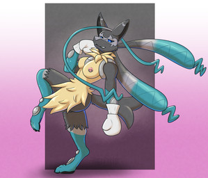 animal_genitalia animal_vulva balls blue_body blue_eyes blue_fur boxing_gloves breasts canine_genitalia canine_vulva claws clothing fighting_pose fur genitals grey_body grey_fur handwear herm intersex nipple_piercing nipple_ring nipples nude pawpads piercing pose ring_piercing solo vulva yellow_body yellow_fur alex.fetter nintendo pokemon pokemon_legends_z-a generation_9_pokemon mega_evolution mega_lucario_z pokemon_(species) hi_res