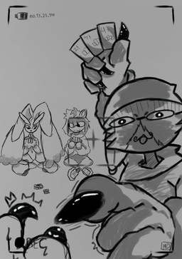 anthro camera_view card clothed clothing female group looking_at_viewer recording simple_background white_background huebtantio epic_games fortnite nintendo pokemon tsukihime type-moon uno meow_skulls neco-arc felid feline generation_4_pokemon generation_9_pokemon lopunny mammal meowscarada pokemon_(species) digital_media_(artwork) meme