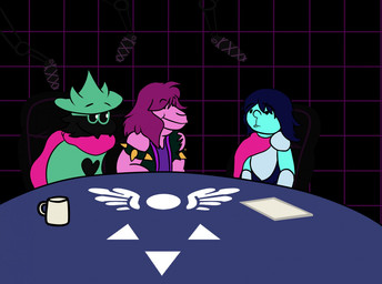 ambiguous_gender ambiguous_human anthro armor black_body black_clothing black_eyebrows black_eyes black_fur black_jacket black_topwear blue_body blue_hair blue_skin bracelet chair clothing container cup eyebrows eyewear fangs fur furniture glasses green_clothing green_eyewear green_glasses green_hat green_headwear green_outfit green_shirt green_topwear group hair hat headgear headwear horn jacket jewelry notebook pattern_background pink_body pink_scarf pink_skin purple_clothing purple_hair purple_shirt purple_topwear scarf shirt simple_background smile spiked_bracelet spikes table teeth topwear trio white_eyes evilfoxyfull deltarune undertale_(series) karl_pilkington kris_dreemurr ralsei susie_(deltarune) bovid caprine darkner dinosaur goat human mammal prehistoric_species reptile scalie 2018 digital_drawing_(artwork) digital_media_(artwork)