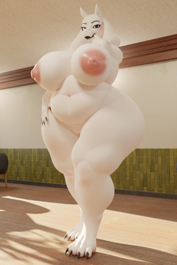 2_horns anthro areola big_breasts breasts brown_eyes female fur genitals hand_on_hip horn huge_breasts inside long_ears nipples nude overweight overweight_anthro overweight_female solo standing thick_thighs vulva white_body white_fur wide_hips raguda undertale_(series) toriel boss_monster_(undertale) bovid caprine goat mammal 3d_(artwork) absurd_res digital_media_(artwork) hi_res