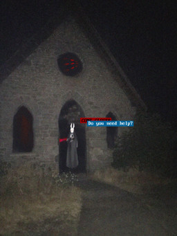ambiguous_gender anthro church clothing horror_(theme) mask night photo_background robe solo teratophilia text canid canine canis humanoid lagomorph leporid mammal mimic monster rabbit wolf 3:4 absurd_res hi_res photography_(artwork)