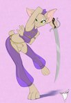 action_pose anklet anthro bat_ears bracelet claws clothing dancing femboy flaccid genitals gold_(metal) green_eyes hand_over_head harem_outfit harem_pants holding_melee_weapon holding_object holding_sword holding_weapon jewelry male melee_weapon penis pose purple_clothing solo sword sword_dancer toe_claws translucent translucent_clothing weapon bmbrigand turo_of_akesh bat desert_bat mammal wingless_bat 2022 hi_res