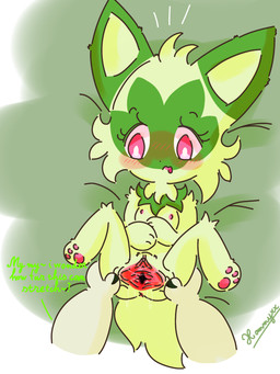 anthro anthrofied anus bed black_nose blush bodily_fluids butt disembodied_hand duo eyebrows eyelashes female female_focus flat_chested fur furniture genital_fluids genitals green_background green_body green_ears green_fur green_inner_ear green_tail lying markings nipples nude nude_anthro nude_female on_back on_bed open_mouth paws pink_eyes pokemorph short_tail simple_background spread_legs spread_vulva spreading tail talking_to_another text vaginal_fluids vulva young young_anthro young_female conditional_dnp xammyxx nintendo pokemon generation_9_pokemon meowscarada pokemon_(species) sprigatito 2025 3:4 absurd_res digital_media_(artwork) english_text hi_res ibispaint_(artwork) shaded signature watermark