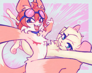ambiguous_gender border cheek_tuft chest_tuft collar duo eyelashes eyewear eyewear_on_head facial_tuft goggles goggles_on_head happy inner_ear_fluff looking_at_viewer mastectomy_scar nude_anthro open_:3 scar smile tail tuft horizon-fucker reggie_(whygena) mammal murid murine rat rodent 2026