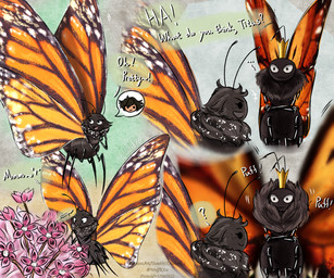 2_antennae 4_legs 4_wings alternate_species antennae_(anatomy) aroused arthropod_abdomen big_wings black_antennae black_body crossed_arms dot_eyes drinking drinking_straw duo eyelashes female female_taur flower flying head_tuft huge_wings insect_wings lepidopteran_wings looking_at_another multi_wing multicolored_wings nude open_mouth open_smile orange_wings pink_flower plant quadruped ruff simple_eyes smile solo spread_wings standing tuft wings wolfkice_(artist) disney hoppers_(disney) pixar mabel_tanaka titus_(hoppers) arthropod butterfly insect lepidopteran monarch_butterfly taur 6:5 hi_res