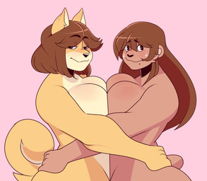 anthro big_breasts blue_eyes bodily_fluids breast_squish breasts breasts_frottage brown_body brown_fur brown_hair countershade_face countershade_torso countershading duo eye_through_hair eyebrow_through_hair eyebrows female female/female fur hair half-closed_eyes hand_on_back huge_breasts long_hair markings mole_(marking) mouth_closed narrowed_eyes nude nude_anthro nude_female pink_background simple_background squish sweat sweatdrop tail tan_body tan_fur translucent translucent_hair rat_bastard june_(jinu) lucy_(rat_bastard) bear canid canine canis domestic_dog mammal shiba_inu spitz 2018 digital_drawing_(artwork) digital_media_(artwork) english_description hi_res