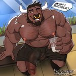 2_horns 5_fingers anthro arm_hair balls balls_outline barazoku beard belly belly_hair big_balls big_penis black_clothing black_eyes black_footwear black_socks bodily_fluids body_hair bottomwear brown_beard brown_body brown_facial_hair brown_penis bulge chest_hair clothed clothing detailed_background detailed_bulge dialogue erect_nipples erection eyebrow_slit eyebrows facial_hair facial_piercing fingers footwear foreskin fur genital_outline genitals glans glistening glistening_genitalia glistening_nipples glistening_penis gold_nose_ring gold_piercing gold_ring grass hair high-angle_view holding_glass holding_object horn huge_penis humanoid_genitalia humanoid_hands humanoid_penis lactating leg_hair light logo looking_at_viewer male male_lactation moobs muscular muscular_anthro muscular_male navel nipples nose_piercing nose_ring nude one_eye_closed partially_clothed pecs penile penis penis_poking_out penis_through_leghole piercing pink_glans pink_nipples plant ring_piercing shorts sitting smile socks solo speech_bubble talking_to_viewer teeth text thick_penis unretracted_foreskin white_horn white_sclera wink winking_at_viewer darksideofdiscovery uthor_(darksideofdiscovery) bovid bovine cattle mammal 1:1 2024 artist_logo artist_name colored digital_drawing_(artwork) digital_media_(artwork) english_text hi_res lighting shaded signature watermark