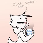 ambiguous_anthro ambiguous_gender anthro beak beverage biped blue_text coffee coffee_mug container cup directional_arrow eyes_closed feathers grey_text hair holding_beverage holding_coffee holding_coffee_mug holding_object just_woke_up monotone_body monotone_feathers mug nude nude_anthro nude_male pink_background side_view simple_background solo tail text text_on_mug white_arms white_body white_feathers white_hair white_legs white_mug white_tail yosshidoragon riley_(giidenuts) avian bird 1:1 2022 digital_media_(artwork) english_text male_(lore)