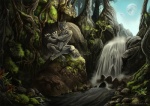 anthro detailed_background flute forest male musical_instrument musician nature nude outside plant river rock sitting solo tail tree wind_instrument wood woodwind_instrument alectorfencer canid canine canis mammal wolf 2009