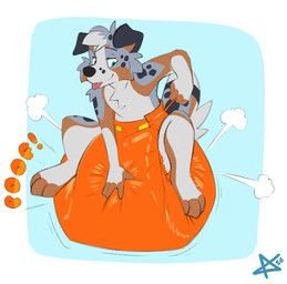 3_toes 4_fingers ambiguous_gender anthro big_diaper black_nose blue_background border brown_body brown_fur brown_inner_ear brown_tail clean_diaper clothed clothing cloud_emanata diaper diaper_inflation diaper_only diaper_puff dipstick_tail emanata feet fingers fur grey_body grey_ears grey_fur grey_spots grey_tail hand_on_diaper latex latex_diaper logo markings multicolored_body multicolored_fur multicolored_tail narrowed_eyes orange_latex simple_background sitting_on_diaper smile solo sound_effects spots spotted_body spotted_face spotted_fur spotted_markings spotted_tail tail tail_markings tan_body tan_fur tan_tail tan_tail_tip three-quarter_view toes tongue tongue_out topless touching_diaper wearing_diaper white_border bbawua beta_(betaetadelota) australian_shepherd canid canine canis domestic_dog herding_dog mammal pastoral_dog sheepdog 2026 artist_logo full-length_portrait hi_res portrait
