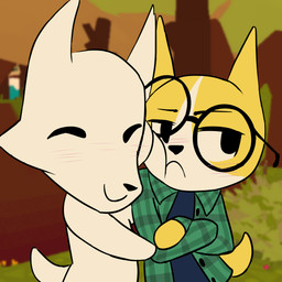 anthro blush blush_lines chibi duo embarrassed eyes_closed eyewear forest forest_background fur glasses hug looking_away male male/male nature nature_background orange_body orange_fur plant simple_face smile tree wearing_glasses white_body white_fur kaydd_draws webfishing canid canine domestic_cat felid feline felis mammal 1:1 2024 absurd_res colored digital_media_(artwork) hi_res