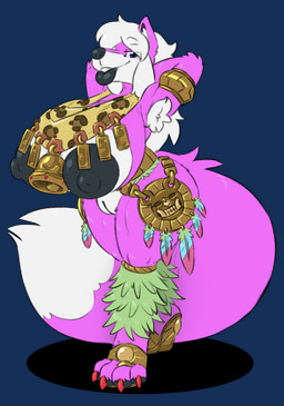 abstract_background animal_print anthro areola armpit_hair bell big_areola big_breasts big_tail black_areola black_lips black_nipples blue_eyes blush body_hair breasts cheetah_print claws colored_nails female fur genitals grin hair huge_breasts innie_vulva jewelry lips looking_at_viewer nails nipples pink_body pink_fur red_claws red_nails smile solo tail vulva white_hair min_(artist) fapp yuni_hermit canid canine canis mammal wolf absurd_res hi_res