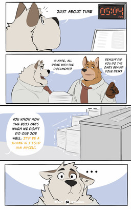anthro barazoku biped black_eyes bottomwear clothed clothing dialogue duo ellipsis fully_clothed fur hair interspecies male multicolored_body multicolored_fur muscular muscular_anthro muscular_male neutral_expression office overweight overweight_anthro overweight_male partially_clothed pivoted_ears reveal speech_bubble text toony tuft working vitashi twitter canid canine canis domestic_dog fox mammal 2024 absurd_res comic digital_media_(artwork) english_text hi_res multiple_scenes sequence