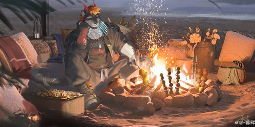 anthro beach beard black_beard black_clothing black_facial_hair black_jacket black_topwear bottomwear campfire clothed clothing facial_hair food front_view fur glistening glistening_eyes grey_body grey_bottomwear grey_clothing grey_fur grey_pants hair horn jacket jewelry male male_anthro mouth_closed multicolored_hair muscular muscular_anthro muscular_male necklace open_clothing open_jacket open_topwear orange_hair pants red_eyes red_hair red_horn rock sand sitting solo topwear two_tone_hair water white_body white_fur awaldkize felid mammal absurd_res hi_res