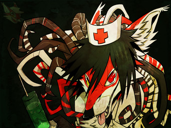 anthro beard black_hair clothing cross ear_tuft facial_hair fluffy fur goatee hair headgear headwear looking_at_viewer male nurse nurse_clothing nurse_headwear red_body red_fur simple_background smile solo teeth tentacles tongue tuft white_body white_fur yellow_eyes shiro-daemon lapfox_trax renard_queenston canid canine fox mammal 4:3