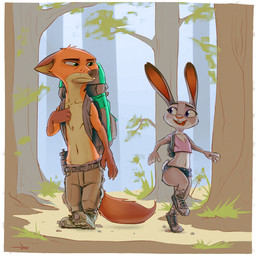 anthro backpack boots bottle bottomwear buckteeth chest_tuft clothed clothing container crop_top detailed_background dipstick_ears duo ear_markings female flat_chested footwear forest frown fur gloves_(marking) green_eyes grey_body grey_fur head_tuft hotpants looking_at_another male markings midriff multicolored_ears navel open_mouth open_smile orange_body orange_fur outside plant purple_eyes scut_tail shirt shoes short_tail shorts smile tail teeth topless topwear tree tuft walking water_bottle samur_shalem disney zootopia judy_hopps nick_wilde canid canine fox lagomorph leporid mammal rabbit red_fox true_fox 1:1 2020 digital_media_(artwork) hi_res shaded