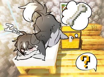 anthro ass_up bed blush blush_lines bodily_fluids bone dipstick_tail dream drooling e_wall floor floppy_ears fur furniture grey_body grey_fur grey_hair hair inside logo lying male markings on_bed question_mark saliva sleeping solo sound_effects speech_bubble stone_wall tail tail_markings text thought_bubble tired vowelless vowelless_sound_effect wall_(structure) white_body white_fur window wood wood_floor zzz mikosi microsoft minecraft mojang xbox_game_studios border_collie canid canine canis collie domestic_dog herding_dog mammal pastoral_dog sheepdog 2026 artist_logo artist_name english_text url