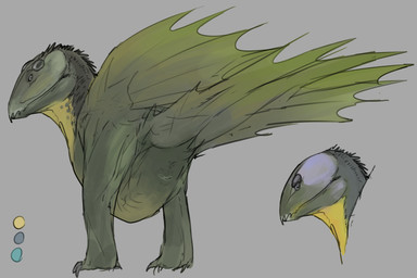ambiguous_gender animal_genitalia beak belly big_belly biped butt claws cloaca dewlap_(anatomy) feral genitals green_body leaf looking_back membrane_(anatomy) membranous_tail membranous_wings neck_tuft photosynthesis plant plantigrade rear_view segmented_eyes solo tail teeth toothed_beak tuft unusual_anatomy wings yellow_neck zw3 elemental_creature flora_fauna headshot_portrait hi_res model_sheet portrait