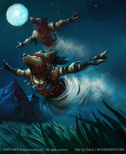 air_manipulation anthro breasts brown_body brown_fur duo elemental_manipulation eyes_closed female flying full_moon fur grass jewelry loose_feather magic male moon mountain pendant plant spread_arms star tealfuleyes hex:_shards_of_fate canid mammal 2013 digital_media_(artwork) official_art