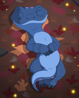4_toes ambiguous_feral ambiguous_gender arm_on_stomach blue_body eyes_closed feet feral hand_on_belly hand_on_own_belly happy head_markings hibernation leaf lying markings on_back purple_body sleeping snout striped_arms striped_legs tail tail_markings toes eyoshi1990 disney frozen_(disney) bruni_(frozen) ambient_arthropod ambient_firefly ambient_insect amphibian salamander 2025 digital_media_(artwork) hi_res