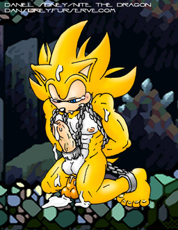 abs anthro balls biceps blue_eyes blush bodily_fluids bound chain chained cum erection genital_fluids genitals male muscular muscular_anthro muscular_male nipples nude open_mouth pecs penis sex_toy solo text dan_sidney sega sonic_the_hedgehog_(series) sonic_the_hedgehog eulipotyphlan hedgehog mammal url