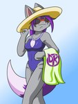 anthro clothed clothing dipstick_tail eyewear female fur grey_body grey_fur hair hat headgear headwear logo markings navel_outline one-piece_swimsuit pink_nose purple_hair purple_tail solo sun_hat sunglasses swimwear tail tail_markings towel thelordoflemonz dreamkeepers the_wayward_astronomer miri_rodgers canid canine fox mammal 2020 3:4 hi_res