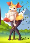 2023 anthro anthrofied areola big_breasts bodily_fluids braixen breasts canid digital_media_(artwork) female generation_6_pokemon genital_fluids hi_res mammal nintendo nipples pink_areola pink_nipples pokemon pokemon_(species) solo standing tongue tongue_out vaginal_fluids whitmaverick