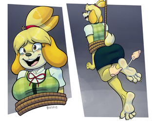 4_toes anthro bound feet female laugh open_mouth rope soles tickling tickling_feet toes yellow_body detectivebubble animal_crossing nintendo isabelle_(animal_crossing) canid canine canis domestic_dog mammal hi_res