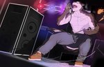 5_fingers abs anthro belt bottomwear brown_body brown_clothing brown_footwear brown_fur brown_shoes clothed clothing dog_tags electronics eyes_closed fingers footwear fur holding_microphone holding_object male microphone muscular muscular_anthro muscular_male nipples open_mouth pants pecs pink_tongue rocking_out shoes singing solo speaker stage stage_lights teeth tongue topless topless_anthro topless_male arakinamikaze utau aro_rouon canid canine canis mammal wolf absurd_res hi_res