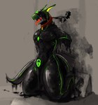 anthro bdsm bound chastity_bulge chastity_device drone dronification kneeling latex liquid_latex male null_bulge restrained simple_background solo vekyn synth_(vader-san) absurd_res hi_res