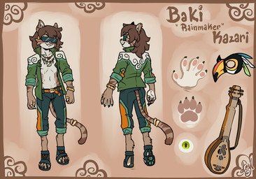 anthro athletic bard belt belt_buckle bottomwear bracelet brown_hair buckle claws clothing cloud digitigrade ear_piercing eyewear footwear fur glasses gold_(metal) gold_jewelry gold_piercing green_clothing green_eyes hair jacket jewelry long_hair looking_at_viewer low_waisted_pants lute male male_anthro mask musical_instrument musician necklace pants piercing plucked_string_instrument popped_collar ring ring_(jewelry) sandals shirtless shirtless_anthro shirtless_male shoes solo string_instrument striped_body striped_fur stripes sunglasses tan_body tan_fur topwear wearing_glasses white_body white_fur atryl paizo starfinder_(rpg) baki_kazari domestic_cat felid feline felis mammal tabby_cat 2025 model_sheet