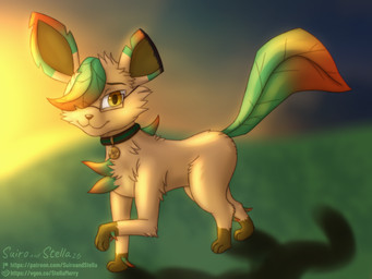 brown_body brown_fur collar collar_only collar_tag eyewear feral field fluffy fur glasses grass grass_field leaf leaf_hair leaf_tail light looking_at_viewer male morning nude plant plant_hair pseudo_hair sky skyscape smile solo sunlight tail tan_body tan_fur yellow_eyes stellaamoris nintendo pokemon fan_character eeveelution generation_4_pokemon leafeon pokemon_(species) shiny_pokemon absurd_res digital_media_(artwork) digital_painting_(artwork) hi_res painting_(artwork)