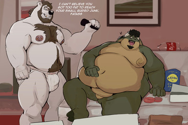 anthro barazoku belly belly_overhang big_belly bodily_fluids body_hair bottle bulge buried_penis can't_reach chest_hair clothing cloven_hooves container dessert detailed_bulge dialogue doughnut drooling duo facial_hair food fupa furniture genitals goatee hand_on_belly happy_trail holding_object hooves horn jockstrap looking_at_another male male/male morbidly_obese morbidly_obese_anthro morbidly_obese_male musclegut muscular muscular_arms muscular_legs muscular_male navel nipples obese obese_anthro obese_male overweight overweight_anthro overweight_male pastry pecs penis saliva sex_toy sitting smile sofa standing text underwear vibrator wand_vibrator weight_difference tcw mythology tcw_(character) bear dragon mammal mythological_creature mythological_scalie polar_bear scalie ursine english_text hi_res