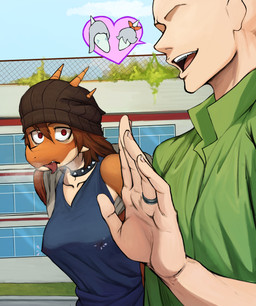 anthro aroused beanie black_beanie black_clothing black_hat black_headwear blue_clothing blue_shirt blue_tank_top blue_topwear breasts breath brown_hair clothed clothed_anthro clothed_female clothed_human clothed_male clothing cloud collar day digit_ring duo facial_horn female green_clothing green_shirt green_topwear hair hat head_turned headgear headwear heart_symbol horn jewelry long_hair looking_at_another male male/female nipple_outline non-mammal_breasts open_mouth orange_body outside red_eyes ring shirt side_view sky spiked_collar spikes standing steam talking_to_another tan_body tank_top tongue tongue_out topwear wedding_ring window zomboyaku cavemanon_studios goodbye_volcano_high ko_op_(game_developer) snoot_game amber_(snoot_game) anon_(snoot_game) fang_(gvh) maria_(snoot_game) human mammal prehistoric_species pterosaur reptile scalie absurd_res alternate_version_at_paywall colored hi_res shaded daughter_(lore) father_(lore) mother_(lore) parent_(lore)