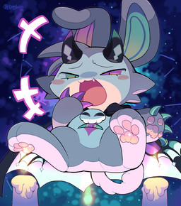 2_horns anthro blush blush_lines blush_stickers candle chibi claws cosmic_background countershading cute_fangs fangs heterochromia horn kemono laugh male open_mouth pawpads solo star starry_background summoning teeth tuft dogblin devil_connection makemon devilun_(makemon) 2025 chinese_description hi_res