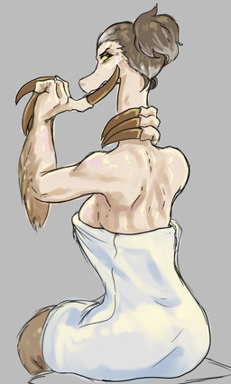 4_fingers anthro arm_feathers big_claws breasts brown_eyes brown_hair claws feathers female fingers glistening glistening_arms glistening_body glistening_breasts glistening_scales grey_background grey_hair grey_highlights hair highlights_(coloring) long_neck looking_back medium_breasts multicolored_hair scales side_boob simple_background sitting snout solo tan_body tan_scales towel towel_only two_tone_hair yellow_sclera sakamtosng what_words_can't_say miss_thompson_(wwcs) dinosaur feathered_dinosaur feathered_scalie prehistoric_species reptile saurischian scalie therizinosaurid therizinosaurus theropod 2025 digital_drawing_(artwork) digital_media_(artwork)