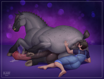 abstract_background anal animal_genitalia animal_penis anus arm_support backsack balls barefoot bestiality big_balls big_butt big_penis bodily_fluids brown_hair butt butt_grab clothed clothing cum cum_drip dressage dripping duo equine_anus equine_genitalia equine_penis faceless_character faceless_male facial_piercing feet feral genital_fluids genitals grey_body hair hand_on_butt hooves huge_balls huge_butt huge_penis leaning_on_elbow licking looking_back lying male male/male markings muscular nose_piercing nose_ring on_side oral overalls penis penis_on_ground piercing precum puddle puffy_anus raised_leg rimming ring_piercing sex size_difference steam tail tied_hair tongue tongue_out vein veiny_balls veiny_penis blarf draft_horse equid equine horse human mammal absurd_res digital_media_(artwork) digital_painting_(artwork) hi_res painting_(artwork) shaded soft_shading