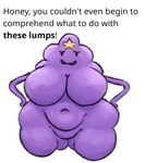 arms_bent belly big_breasts biped black_eyebrows black_eyes black_text bold_text breasts dialogue empty_eyes eyebrows featureless_breasts female front_view hands_on_hips hands_on_own_hips huge_breasts light_body looking_at_viewer monotone_body monotone_breasts navel not_furry nude nude_female nude_humanoid open_mouth open_smile overweight overweight_female overweight_humanoid purple_body purple_breasts simple_background smile smiling_at_viewer solo standing star talking_to_viewer term_of_endearment text text_emphasis thick_thighs thin_arms white_background omam-thot adventure_time cartoon_network lumpy_space_princess humanoid lumpy_space_denizen 2025 digital_drawing_(artwork) digital_media_(artwork) english_text hi_res portrait three-quarter_portrait